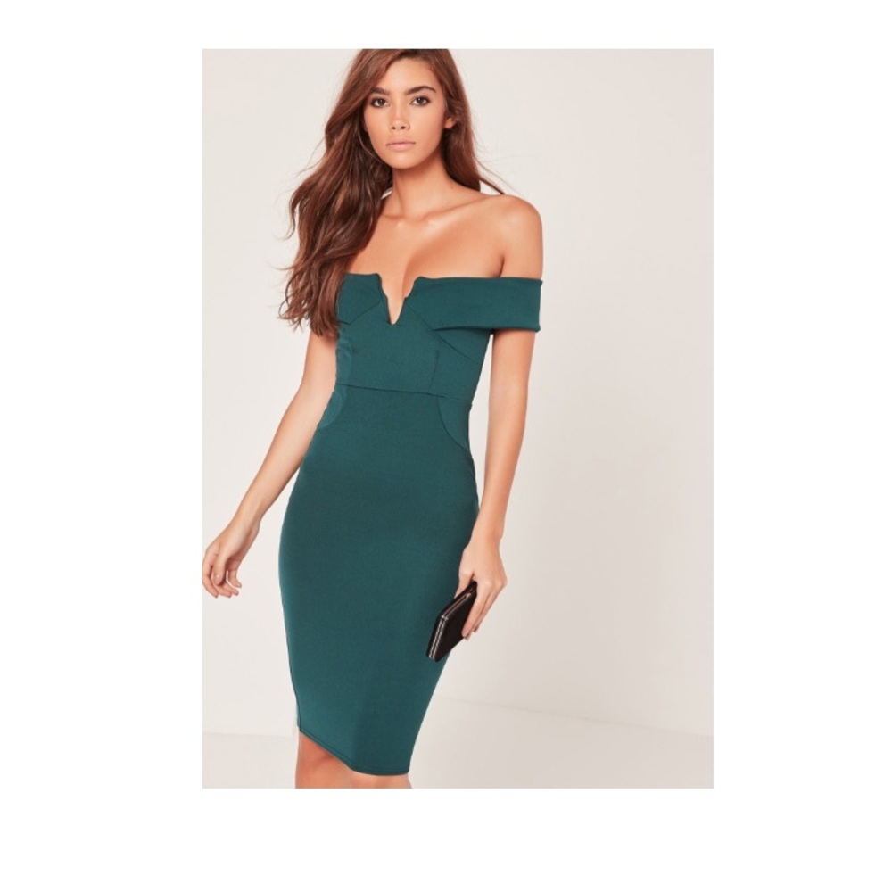 Missguided V Front Bardot Dress Green - Size 4